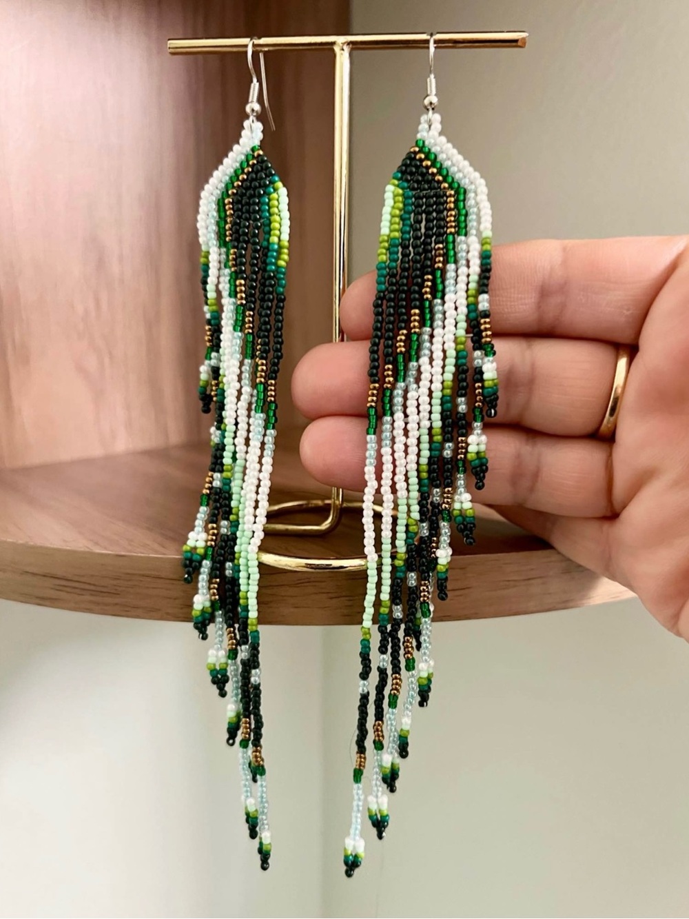 Handcrafted Waterfall Green & White Beaded Fringe Earrings